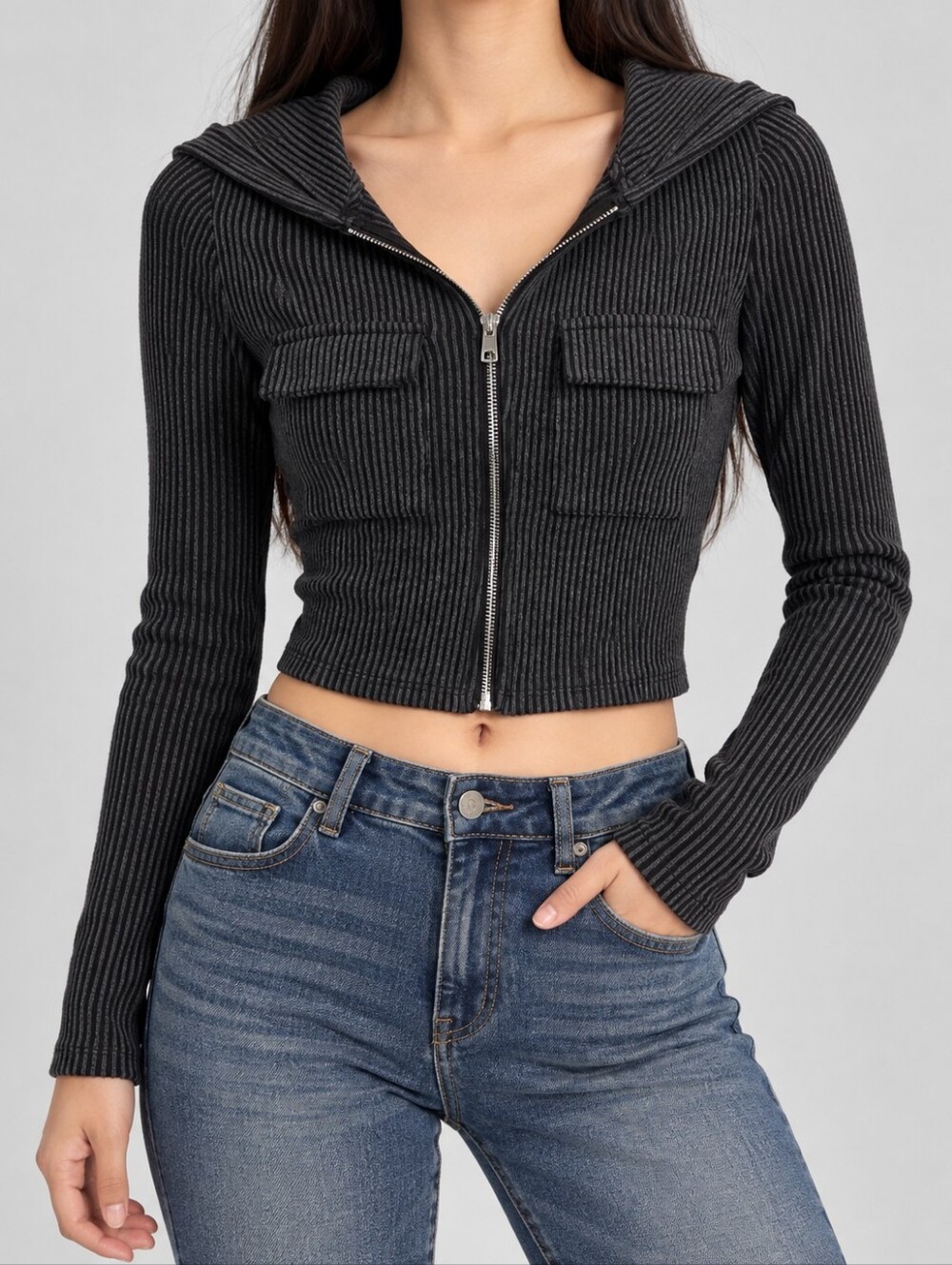 Iris Black Ribbed Zip-Front Cropped Hoodie